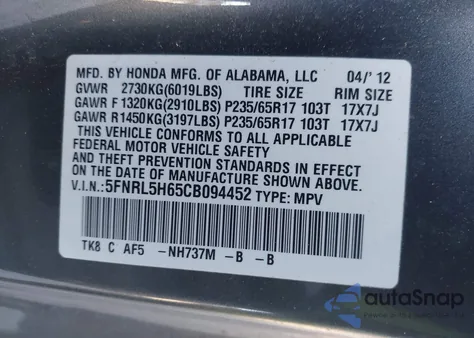 2012 Honda Odyssey Ex-L z USA, uszkodzony, nr VIN 5FNRL5H65CB094452